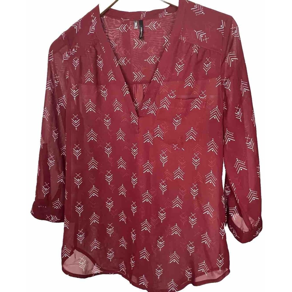 Maurices Top Sheer Hi Low Blouse 3/4 Sleeve V Neck Pocket Maroon Small Career